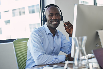 Image showing Crm agent, call center and black man portrait with a smile from business and telemarketing. Office, consulting and web support employee working on an online consultation for digital help and advice
