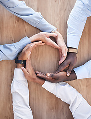 Image showing Business people, hands together and staff circle showing work community, solidarity and trust. Motivation, team building and collaboration gesture above of office workers with teamwork and diversity