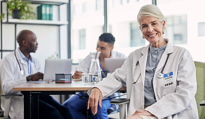 Image showing Senior woman, doctor and portrait at hospital desk with smile for healthcare, planning surgery and teamwork. Leader, doctors and experience in health, wellness and happy in clinic with group at table