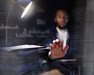 Image showing Hologram, black man and code for programming, overlay and cyber security for futuristic communication, planning and hacker. Holographic, African American male programmer and coder with data analysis
