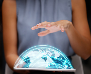 Image showing Global, hologram and woman hands on tablet for futuristic network, digital connection and cyber research. Future technology, 3d holographic of map, worldwide or globe for ai or IT software management