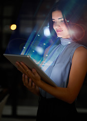 Image showing Tablet, global hologram and network woman at night in augmented reality or metaverse experience for future technology. Digital shine, futuristic light and business woman with scifi data on screen