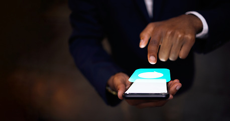 Image showing Phone, hologram and hands with chat icon for communication, networking and futuristic connection. Business black man typing on smartphone in 3d holographic for mobile app ux or ui design at night