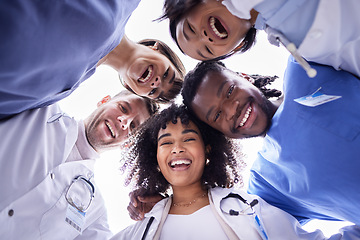 Image showing Doctor, group portrait and below circle for motivation, support and collaboration with smile, solidarity and diversity. Friends, doctors and face with teamwork, goals and help in healthcare at clinic
