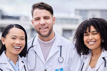 Image showing Team, smile and portrait of doctors for healthcare, medical service and working in the city. Teamwork, diversity and group of employees in health together for outdoor nursing support and work