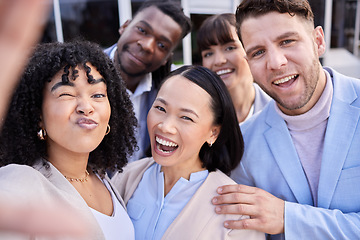 Image showing Selfie, team building and happy business people funny in celebration as a successful company outside office. Teamwork, winning and photo or social media update by diverse employee or worker group