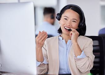 Image showing CRM, smile or asian woman on computer on microphone for customer support, consulting or networking in office. Happy, telemarketing or sales advisor on tech for callcenter, help or telecom contact us