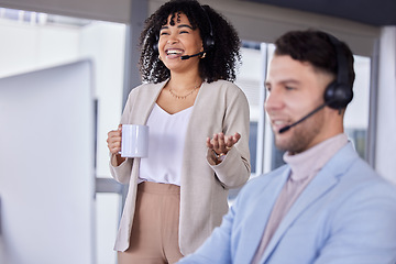 Image showing Teamwork, callcenter or success on computer in office for customer service, contact us support or CRM consulting. Smile, diversity or happy black woman for telemarketing deal, laughing or talking