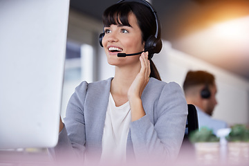 Image showing CRM, smile or woman communication with microphone for customer service, consulting or networking in office. Happy, telemarketing or sales advisor on tech for callcenter, help or telecom contact us