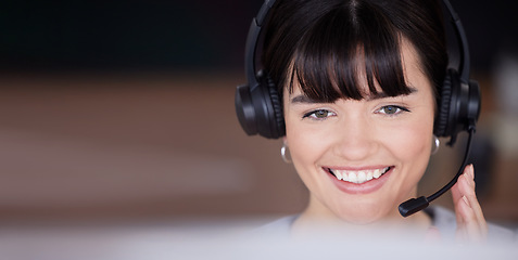 Image showing Telemarketing face, smile or woman communication on microphone for customer support, consulting or networking. Happy, CRM mockup or sales advisor on tech for callcenter, help or telecom contact us