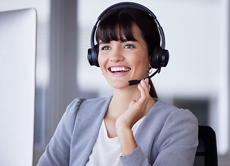 Image showing Callcenter, smile or success of woman with microphone for customer support, consulting or networking in office. Happy, CRM or sales advisor on tech for telemarketing, focus or telecom contact us