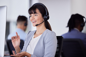 Image showing Telemarketing, smile or woman communication with microphone for customer support, consulting or networking in office. Happy, CRM or sales advisor on tech for callcenter, help or telecom contact us