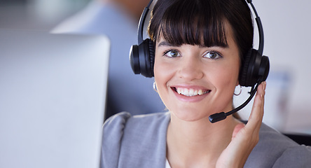 Image showing Callcenter, smile or portrait of woman with microphone for customer support, consulting or networking in studio. Happy, CRM or sales advisor on tech for telemarketing, focus or telecom contact us