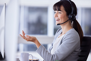 Image showing Support, smile or callcenter woman with microphone for customer service, consulting or networking in office. Happy, CRM or sales advisor on tech for telemarketing, success or telecom contact us help