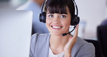 Image showing Callcenter, happy or portrait of woman with microphone for customer support, consulting or networking in studio. Face, CRM or sale advisor smile on tech for telemarketing, focus or telecom contact us