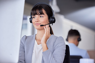 Image showing Telemarketing, happy or CRM woman on computer with microphone for customer support, consulting or networking in office. Smile, CRM or sales advisor on tech for callcenter, help or telecom contact us