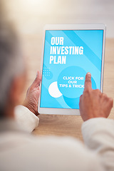 Image showing Hand, tablet screen or woman for investment planning, economy mobile app or tax research in office. Budget, finger or elderly on tech for trading strategy, stock market schedule or finance review