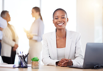 Image showing Office laptop, happy portrait and black woman review finance portfolio, stock market database or investment budget. Financial economy, forex data analysis and trader trading NFT, bitcoin or crypto