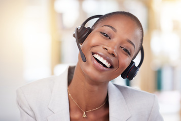 Image showing Customer support consultant, face portrait and happy woman telemarketing on contact us CRM or telecom. Call center communication, African ecommerce and information technology consulting on microphone