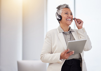 Image showing Business phone call, tablet and senior happy woman talking on communication with stock market investment contact. Bitcoin NFT trader, crypto trading conversation or forex account manager networking