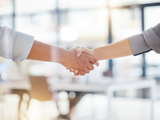 Image showing Handshake closeup, partnership and business meeting, collaboration or b2b welcome, thank you and success. People shaking hands for job interview, career promotion or hiring deal in office emoji sign