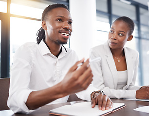 Image showing Business, talking and black man in meeting with documents for marketing strategy, planning and ideas. Leadership, teamwork and workers in discussion for finance review, paperwork and project