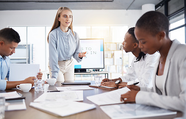 Image showing Meeting, presentation and business people with documents for planning, discussion and ideas. Teamwork, collaboration and group of managers working on finance review, project and marketing strategy