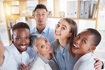 Image showing Business, funny and selfie with staff, celebration and happiness for new project, deal or advertising campaign. Portrait, employees or coworkers with joy, silly or goofy in workplace and sales growth
