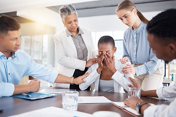 Image showing Cry, sad business woman and team support for African person crying over investment fail, administration mistake or problem. Mental health crisis, depression and hr employee with community group help