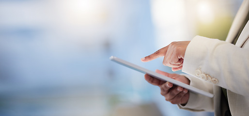 Image showing Hands, tablet and planning strategy for digital marketing, advertising or social media against blurred background. Hand of employee manager holding touchscreen for online browsing or plan on mockup