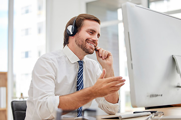 Image showing Callcenter, customer service or man on computer for virtual support, consulting or networking in office. Manager, CRM or sales advisor on tech for telemarketing, research or telecom contact us help