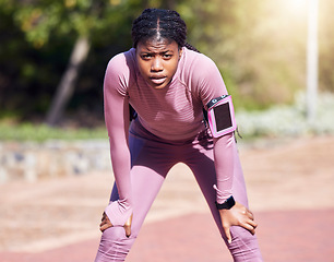 Image showing Portrait, sweating and black woman tired, fitness and training for competition, exercise and workout. Female, athlete, lady and runner rest, break and relax outdoor, hobby and sports for wellness