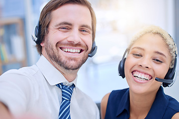 Image showing Crm selfie, smile and call center employees happy from team building and consultation collaboration. Telemarketing group, about us workers and teamwork of consulting web support people ready for work