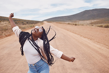 Image showing Freedom, excitement and mockup with a black woman dancing in the desert for fun during a road trip. Travel, dance and mock up with a person enjoying a holiday or vacation in nature to celebrate life