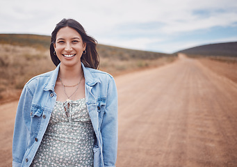 Image showing Travel, portrait and woman on safari, outdoor on adventure with desert in Kenya, holiday and summer road trip. Mockup space, happiness and journey with freedom, lifestyle and fun in nature with smile