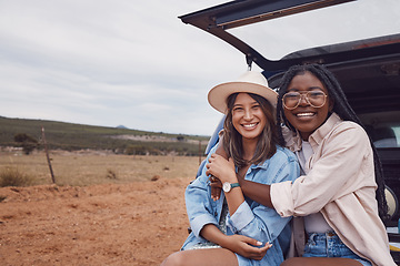 Image showing Happy, smile and portrait of friends on road trip in countryside for freedom, vacation and summer break. Travel, hug and bonding with women relax in car for adventure, journey and transportation