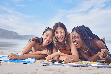 Image showing Funny, happy and portrait with friends on beach for travel, diversity and summer break with blue sky mockup. Sunbathing, laugh and tropical with group of women on vacation for relax, freedom and sea