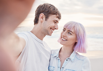 Image showing Happy, love and selfie with couple at the beach for bonding, social media and relax on vacation. Travel, smile and picture with man and woman on holiday for affectionate, anniversary and date