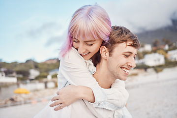 Image showing Love, beach and piggy back, couple on date for valentines day, ocean fun and romantic embrace at sunset. Romance, happiness and smile, gen z woman and man on tropical valentine holiday in Indonesia.