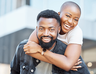 Image showing Portrait of black couple piggyback in city for love, care and happiness on date together in Nigeria. Happy man carrying young woman in urban street for outdoor fun, freedom and relax with face smile