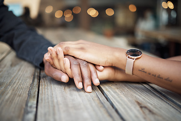 Image showing Holding hands, couple zoom and restaurant date of black people together with trust and support. Hope, empathy and love of woman and man with compassion, gratitude and sympathy in a cafe with bokeh