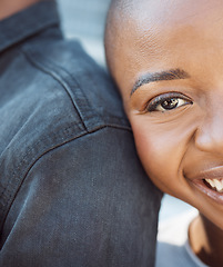 Image showing Black woman, closeup face and date in city with love, care and happiness in Nigeria. Portrait, smile and happy girlfriend rest on shoulder of partner, couple and relax together in urban town outdoors