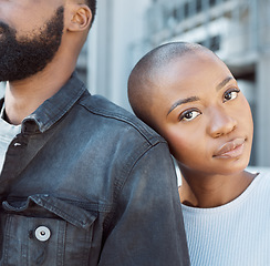 Image showing Portrait, fashion and city with a black couple outdoor together for urban or street style in the day. Face, love or clothes with a young woman resting her head on the shoulder of a stylish man