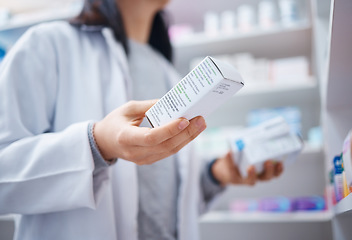 Image showing Healthcare, pharmacy and hands of pharmacist with medicine, pills and medication for medical prescription. Wellness, pharmaceutical service and woman or doctor with drugs, supplements and product box