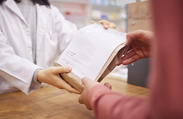 Image showing Pharmacy, medicine and doctor with customer hands in store with healthcare prescription. Pharmacist woman giving patient Pharma product package for medical retail service, health and wellness