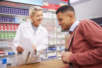 Image showing Pharmacy, insurance information and customer with senior woman pharmacist talking. Pharmaceutical consulting, prescription info and healthcare worker conversation for health and wellness check