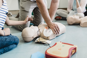 Image showing First aid resuscitation course using AED.