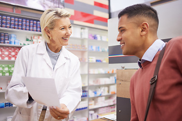 Image showing Pharmacy, insurance document and male customer with pharmacist talking about pills side effects. Reading, prescription info and healthcare worker with consulting for health and wellness check