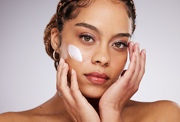 Image showing Black woman, face lotion and portrait of a young model with facial mask, moisturizer and wellness. Studio, beauty and female with dermatology, collagen and cosmetic cream for skin glow and self care