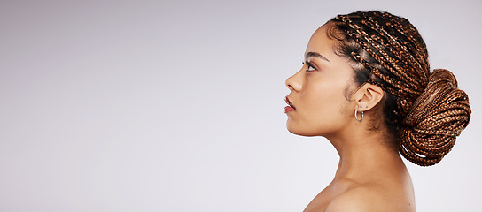 Image showing Beauty, skin care and black woman thinking mockup space in studio for spa cosmetics and dermatology. Face of aesthetic model person profile on a grey background with facial collagen for wellness glow